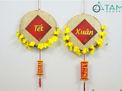 Vòng treo cửa Tết mẹt tre hoa mai ĐK 30cm T-VTC-11